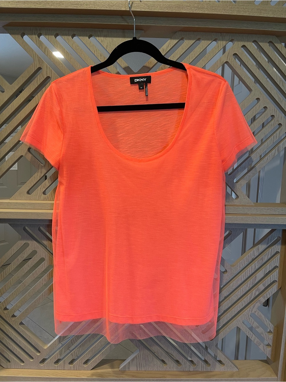 DKNY Neon Orange Scoop Neck Short Sleeve Tee with Mesh overlay size XS